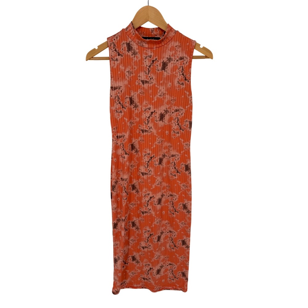 Lipslide Bodycon Dress Womens S Orange Tie Dye Mock Neck Ribbed Excellent